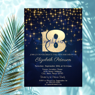Elegant Gold Stars Navy Blue 18th Birthday Party Invitation