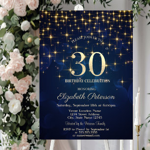Elegant Gold Stars Navy Blue 30th Birthday Party Invitation