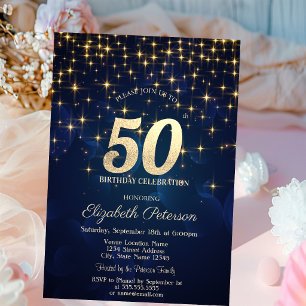 Elegant Gold Stars Navy Blue 50th Birthday Party Invitation