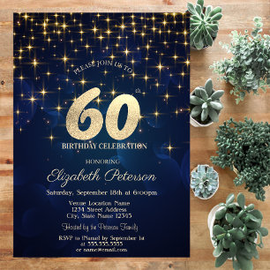 Elegant Gold Stars  Navy Blue 60th Birthday Party Invitation