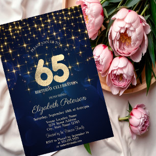 Elegant Gold Stars  Navy Blue 65th Birthday Party Invitation