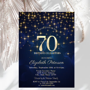 Elegant Gold Stars  Navy Blue 70th Birthday Party Invitation