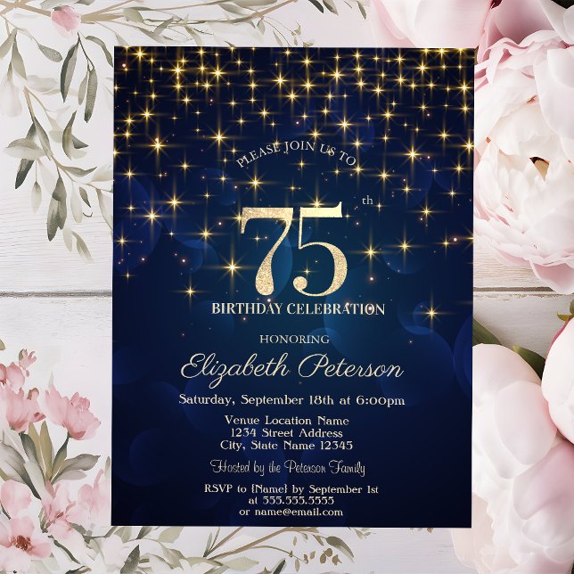 Elegant Gold Stars  Navy Blue 75th Birthday Party Invitation (Creator Uploaded)