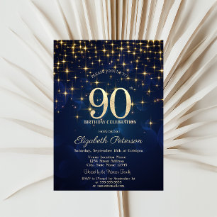Elegant Gold Stars  Navy Blue 90th Birthday Party Invitation