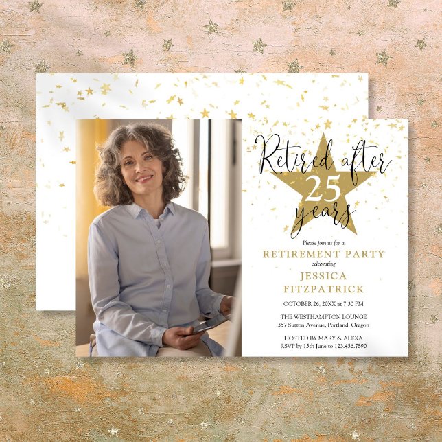 Elegant Gold Stars Photo Retirement Party Invitation (Elegant Gold Stars Photo Retirement Party Invitation)