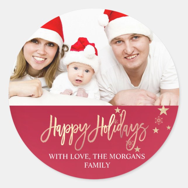 Elegant Gold Stars Red Photo Merry Christmas  Classic Round Sticker (Front)
