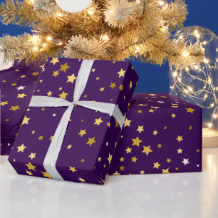 elegant gold stars with purple pattern wrapping paper