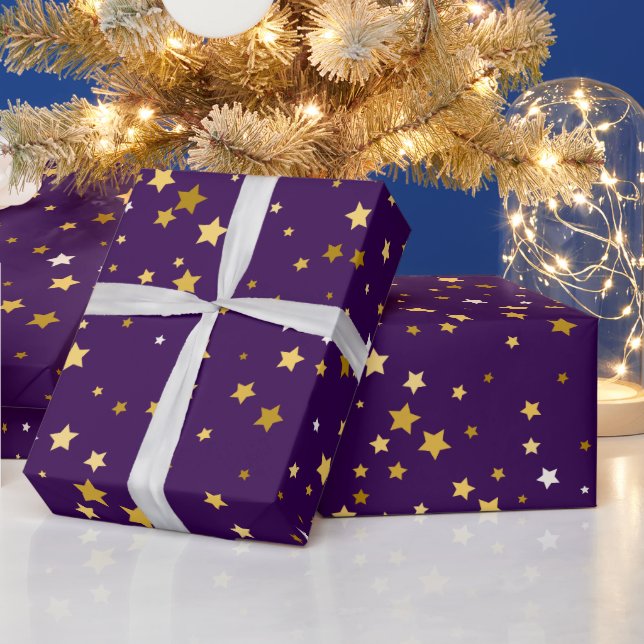 elegant gold stars with purple pattern wrapping paper (Holidays)