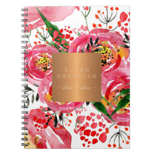 Elegant gold steel copper metallic blush floral spiral notebook