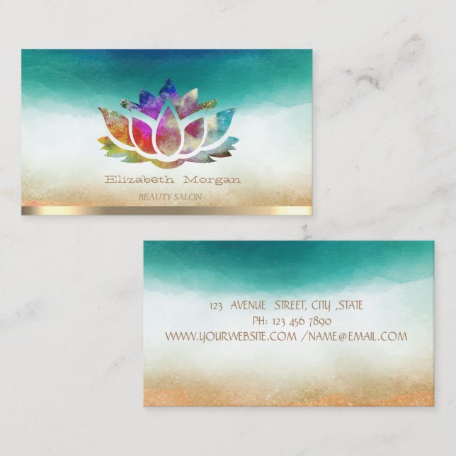 Elegant Gold Stripe Colourful Lotus Watercolor  Business Card (Front/Back)