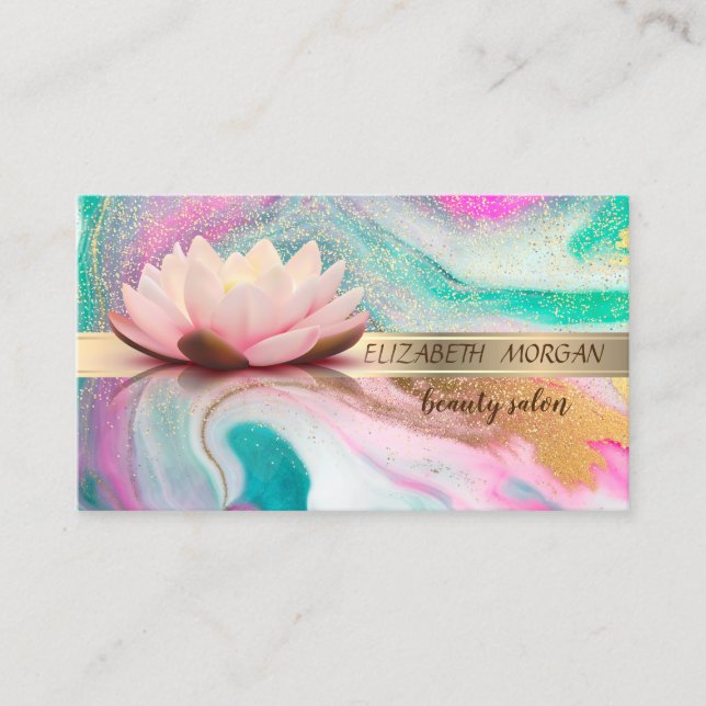 Elegant Gold Stripe Confetti,Lotus,Marble Business Card (Front)