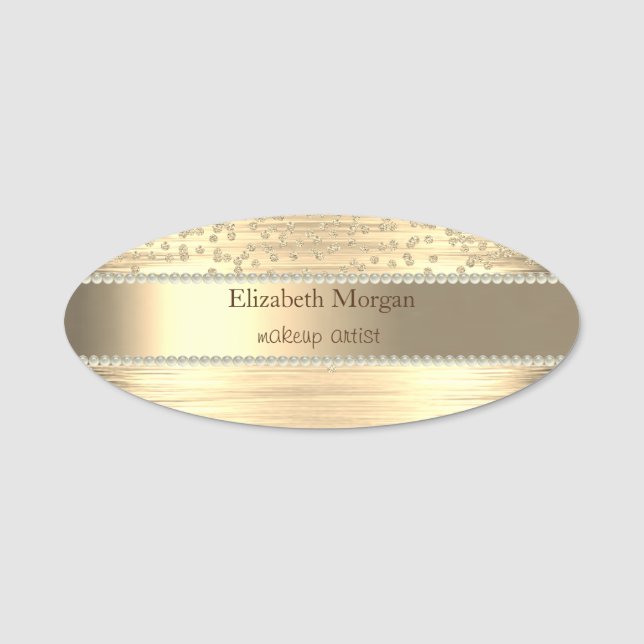 Elegant Gold Stripe, Pearls, Diamonds Name Tag (Front)