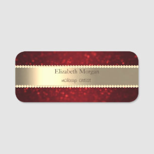 Elegant Gold Stripe,Red Glitter Bokeh, Pearls Name Tag