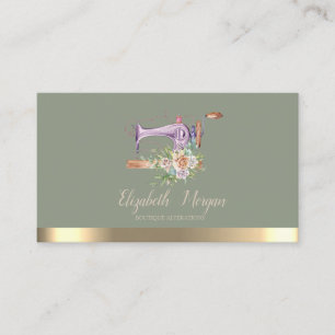 Elegant Gold Stripe Sewing Machine Sage Green Business Card