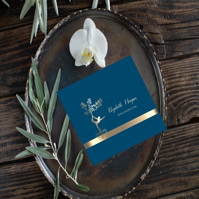 Elegant Gold Stripe, Tree Women Silhouette Yoga Square Business Card (Creator Uploaded)