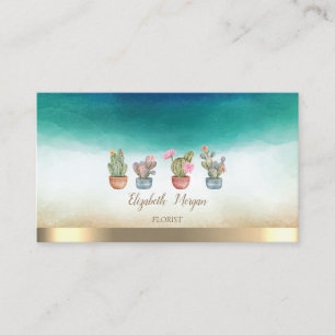 Elegant Gold Stripe Watercolor Succulents Business Card
