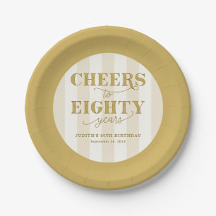 Elegant Gold Striped Cheers to 80 Years Birthday Paper Plate