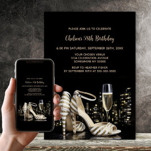 Elegant Gold Striped High Heel Shoes Birthday Invitation