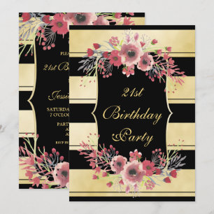 Elegant Gold Stripes Floral Watercolor 21st Invitation