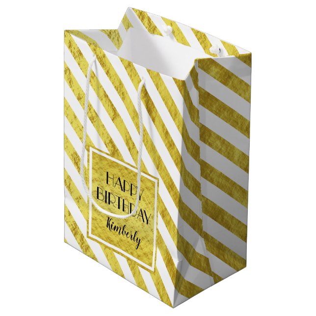 Elegant Gold Stripes Happy Birthday Medium Gift Bag (Front Angled)
