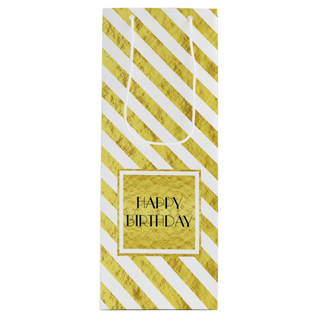 Elegant Gold Stripes Happy Birthday Wine Gift Bag (Front)
