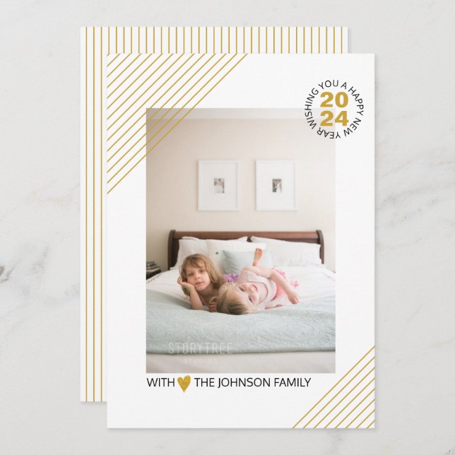 Elegant gold stripes New Year 2024 gold photo Holiday Card (Front/Back)