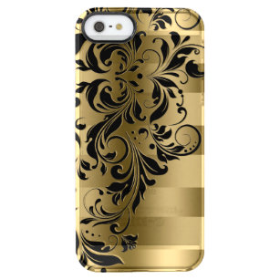 Elegant Gold Stripes Pattern & Black Floral Lace Clear iPhone SE/5/5s Case