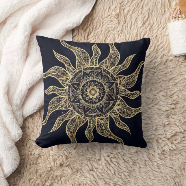 Elegant Gold Sun Mandala Blue Nebula Design Cushion (Blanket)