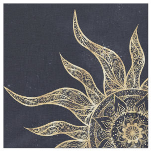 Elegant Gold Sun Mandala Blue Nebula Design Fabric
