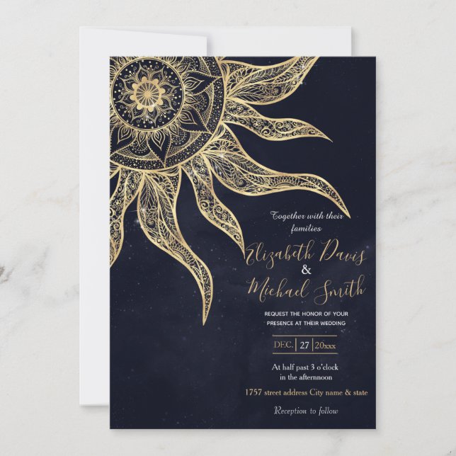 Elegant Gold Sun Mandala Blue Nebula Design Invitation (Front)
