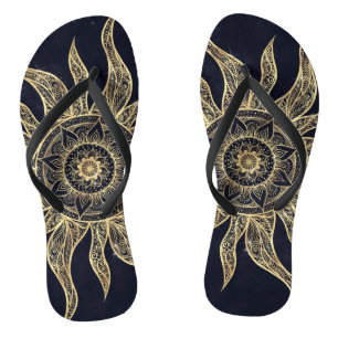 Elegant Gold Sun Mandala Blue Nebula Design Jandals