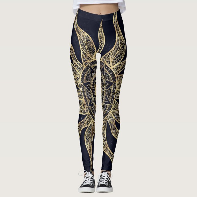 Elegant Gold Sun Mandala Blue Nebula Design Leggings (Front)