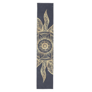 Elegant Gold Sun Mandala Blue Nebula Design Medium Table Runner