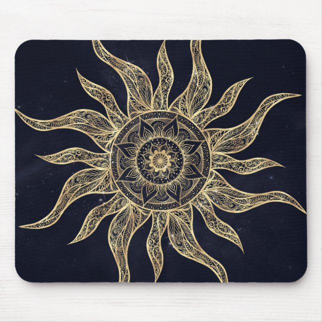 Elegant Gold Sun Mandala Blue Nebula Design Mouse Pad (Front)