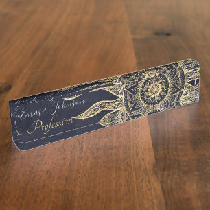 Elegant Gold Sun Mandala Blue Nebula Design Nameplate