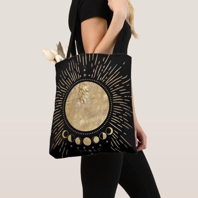 Elegant Gold Sun Moon Doodles Mandala Tote Bag (Close Up)
