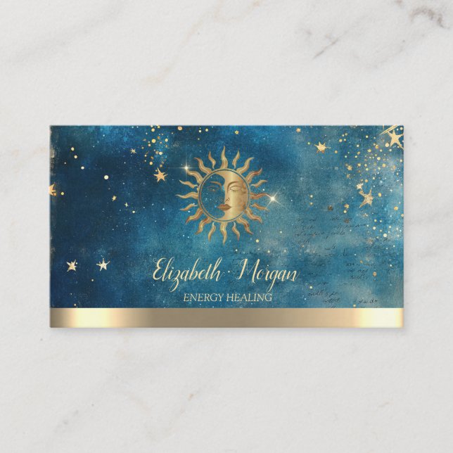 Elegant Gold Sun Stars Blue Watercolor Business Card (Front)