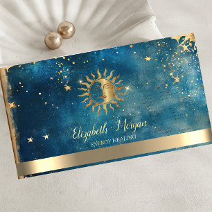 Elegant Gold Sun Stars Blue Watercolor Business Card