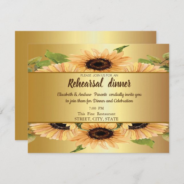 Elegant Gold,Sunflowers Rehearsal Dinner Invitation (Front/Back)