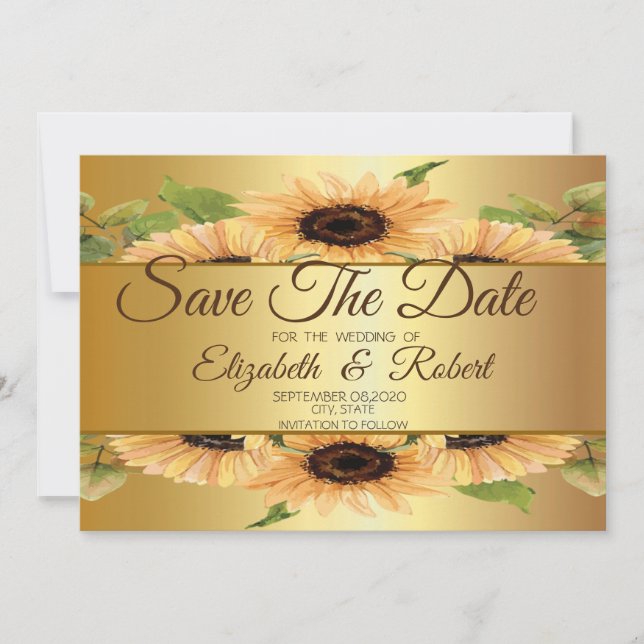 Elegant Gold Sunflowers Save The Date (Front)