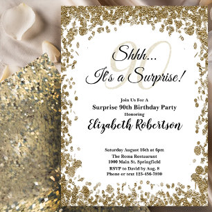 Elegant Gold Surprise 90th Birthday Invitation