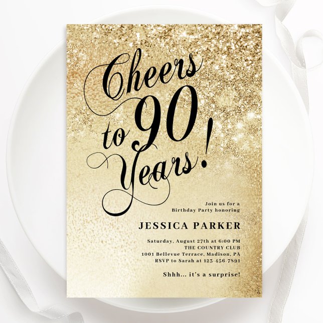 Elegant Gold Surprise 90th Birthday Invitation (Creator Uploaded)