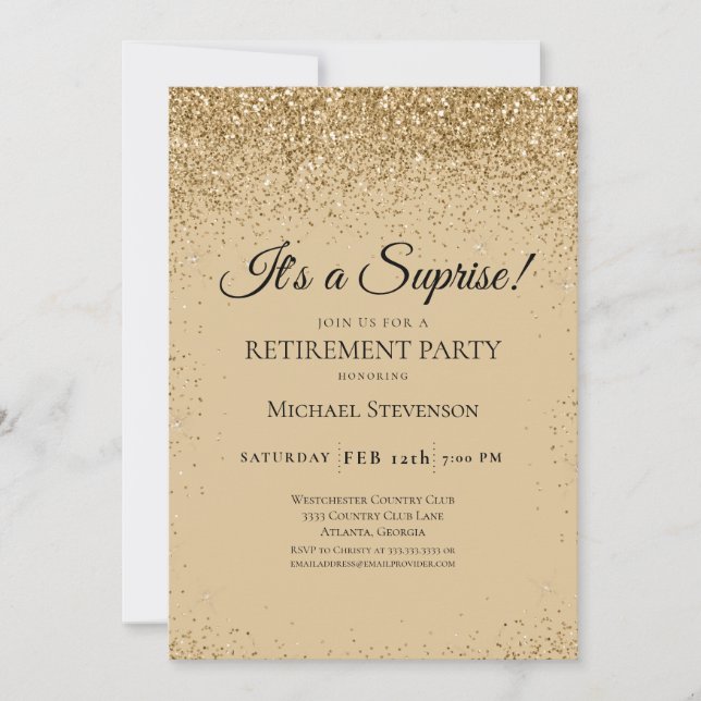 Elegant Gold Surprise Retirement Party Invitation (Front)