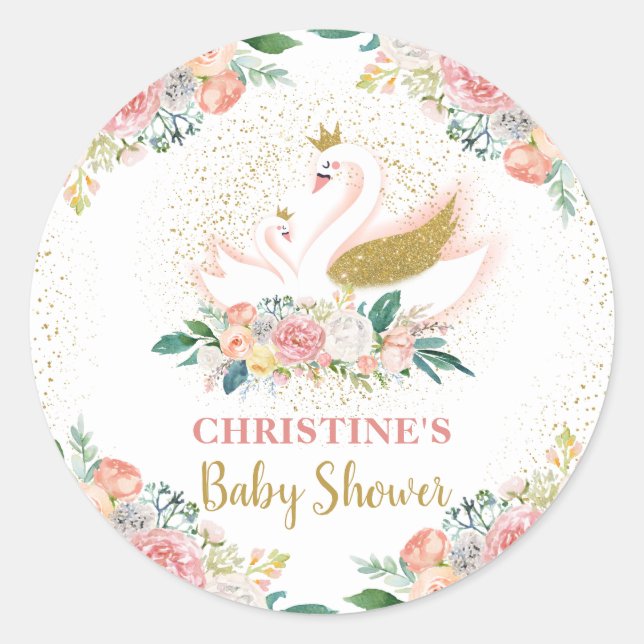 Elegant Gold Swan Princess Pink Floral Baby Shower Classic Round Sticker (Front)