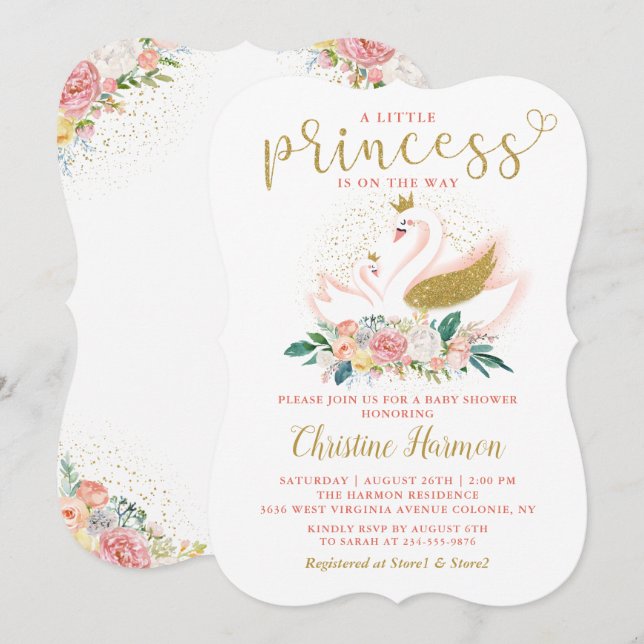 Elegant Gold Swan Princess Pink Floral Baby Shower Invitation (Front/Back)