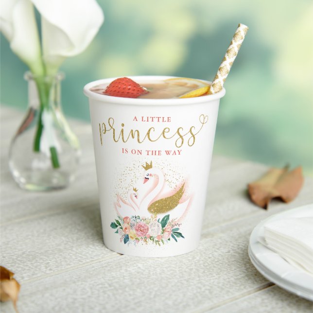 Elegant Gold Swan Princess Pink Floral Baby Shower Paper Cups (Insitu)