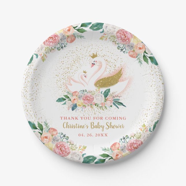 Elegant Gold Swan Princess Pink Floral Baby Shower Paper Plate (Front)