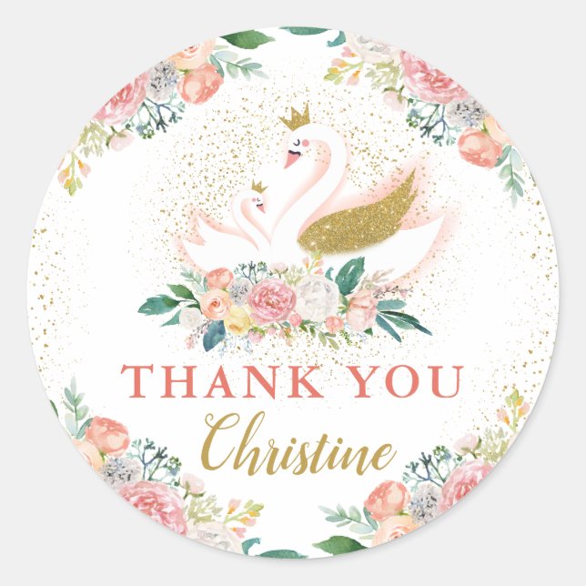 Elegant Gold Swan Princess Pink Floral Thank You Classic Round Sticker (Front)