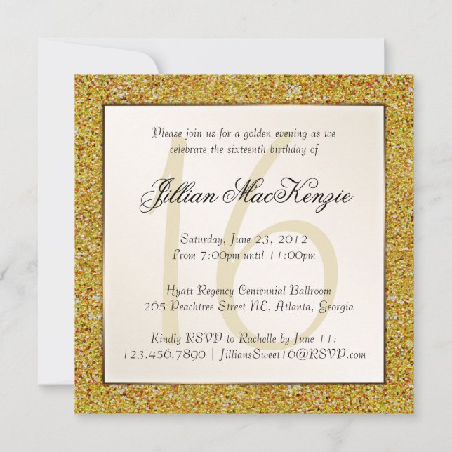 Elegant Gold Sweet 16 Faux Glitter Invite (Front)