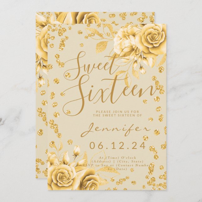 Elegant Gold Sweet 16 Glitter Confetti Floral Invitation (Front/Back)